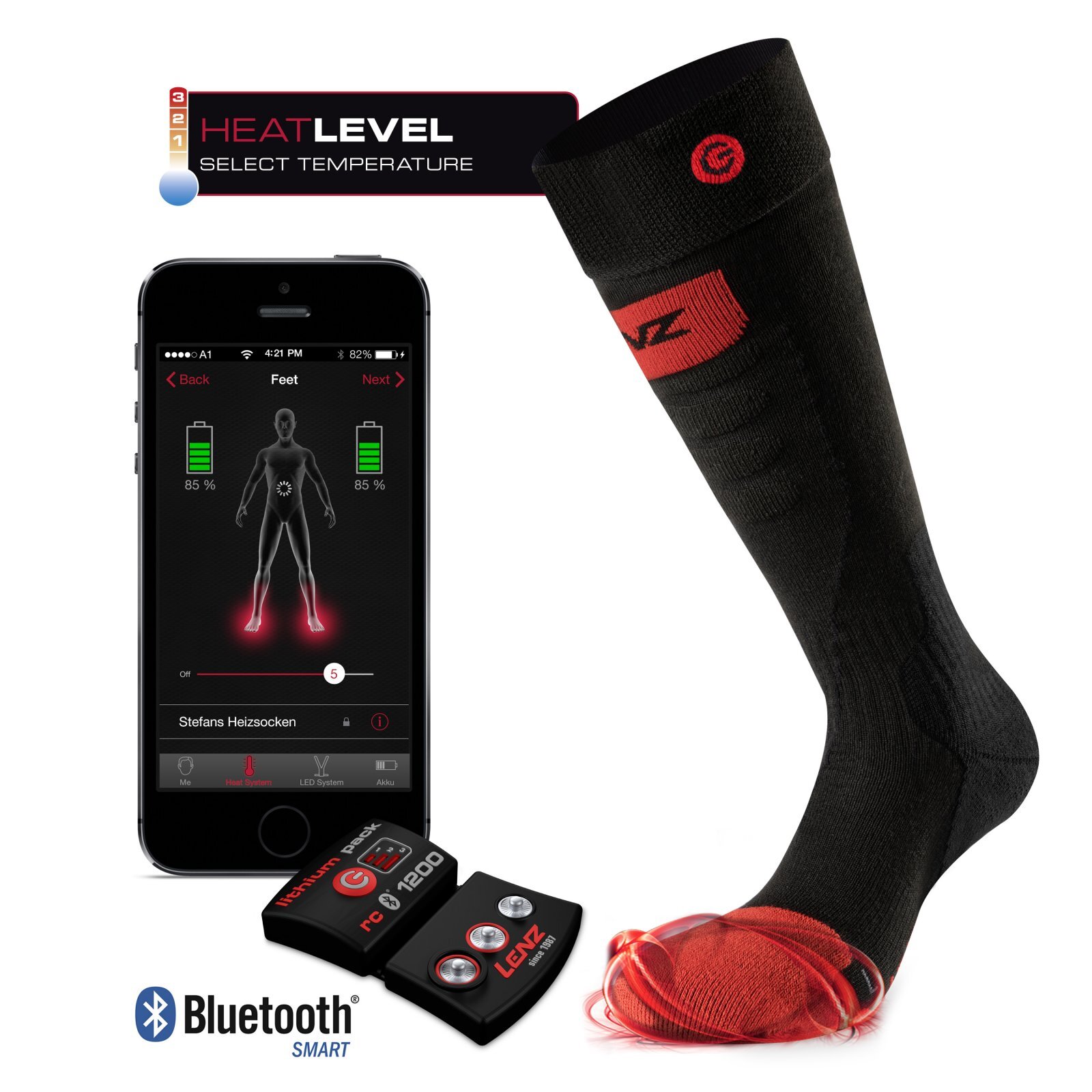 SET - Heated socks LENZ 5.0 Toe Cap Slim Fit + batteries lithium pack rcB 1200