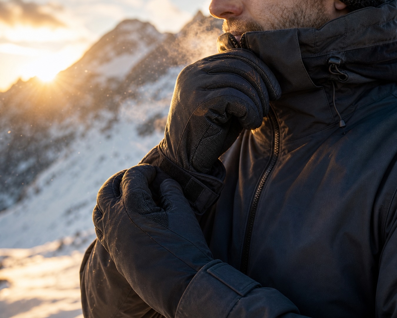 Close-up of heated gloves and jacket in snowy mountains at sunset